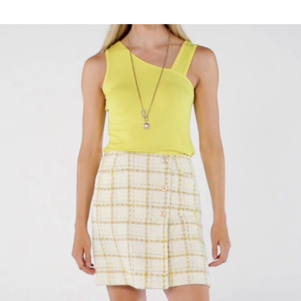 Cabi Tweed Coco Skirt Yellow Plaid Button Front Career Casual Mini Size 4